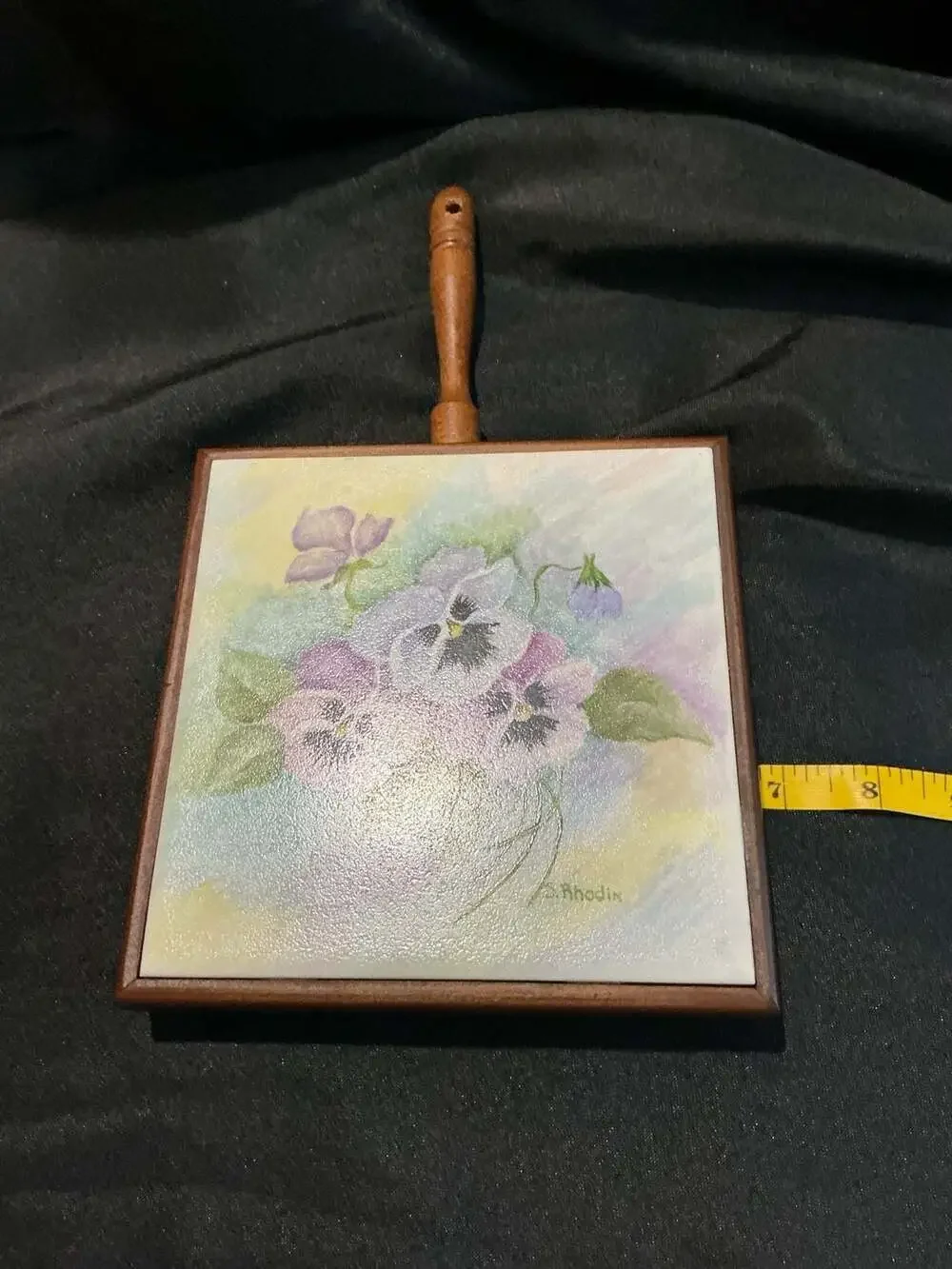 Franciscan Tile Wooden Handle Trivet Pansies J. Rhodin